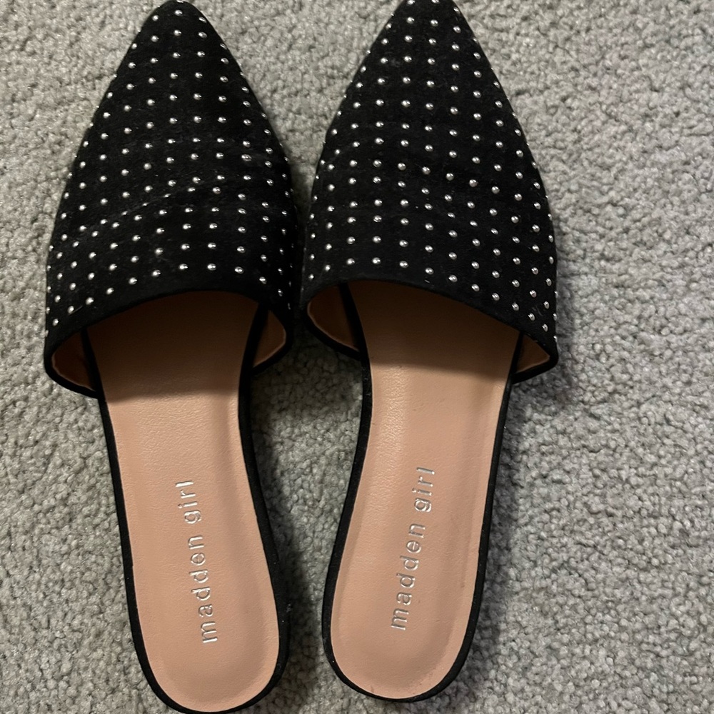 Black mules with silver grommets, sz 8, wore one time, $25